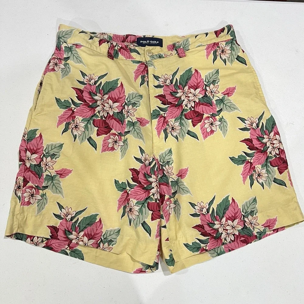 Polo Golf Ralph Lauren Men 34X7 Yellow Linen Cotton Shorts Tropical Hibiscus